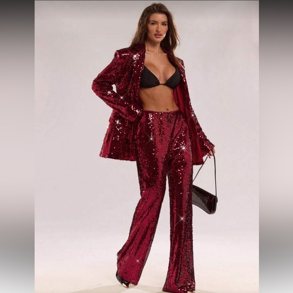 Women's Solid Red Sequin Flared Pants For Fall/Winter Perfect For Parties, - Picture 3 of 4